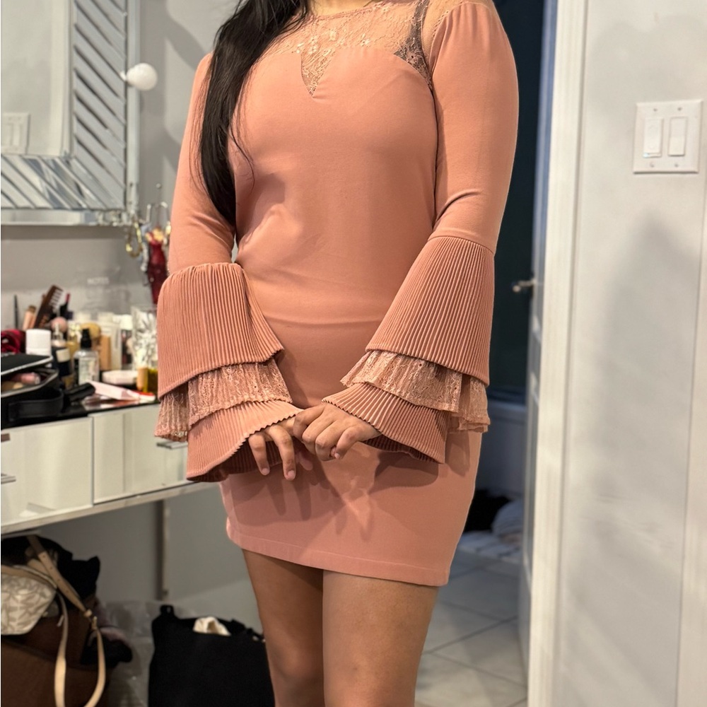 Elegant Lace-Trimmed Bell Sleeve Dress in Pink